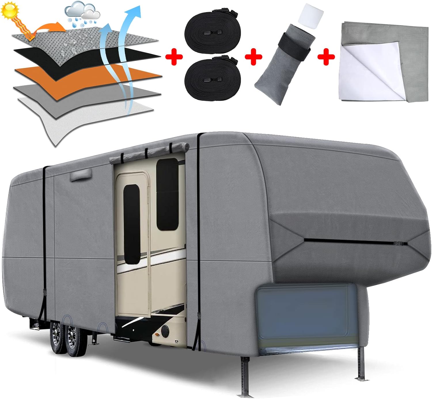 5th Wheel RV Cover with 4 Gutter Spout Covers and 2 Windproof Straps B1755