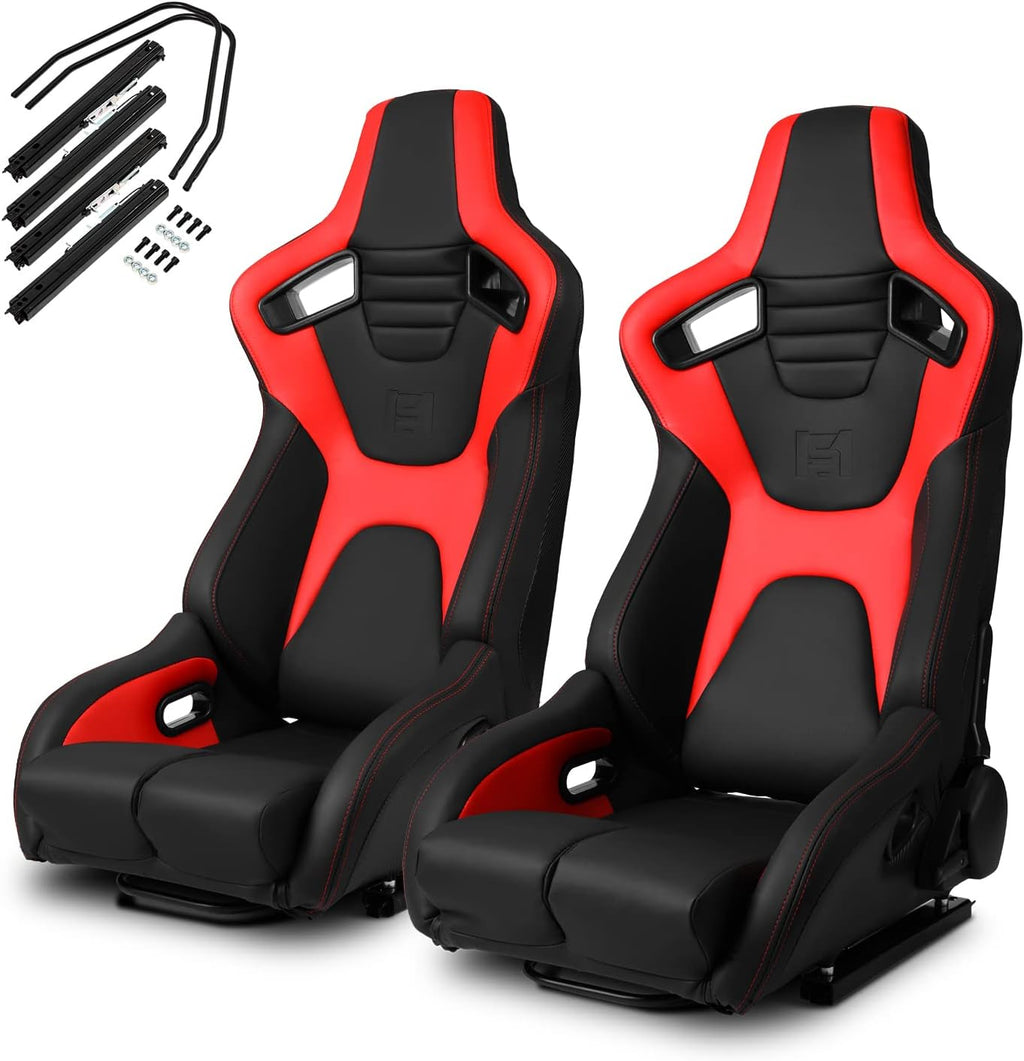 Black Brown PVC Carbon Fiber Leather Reclinable Racing Seats Pair N8340