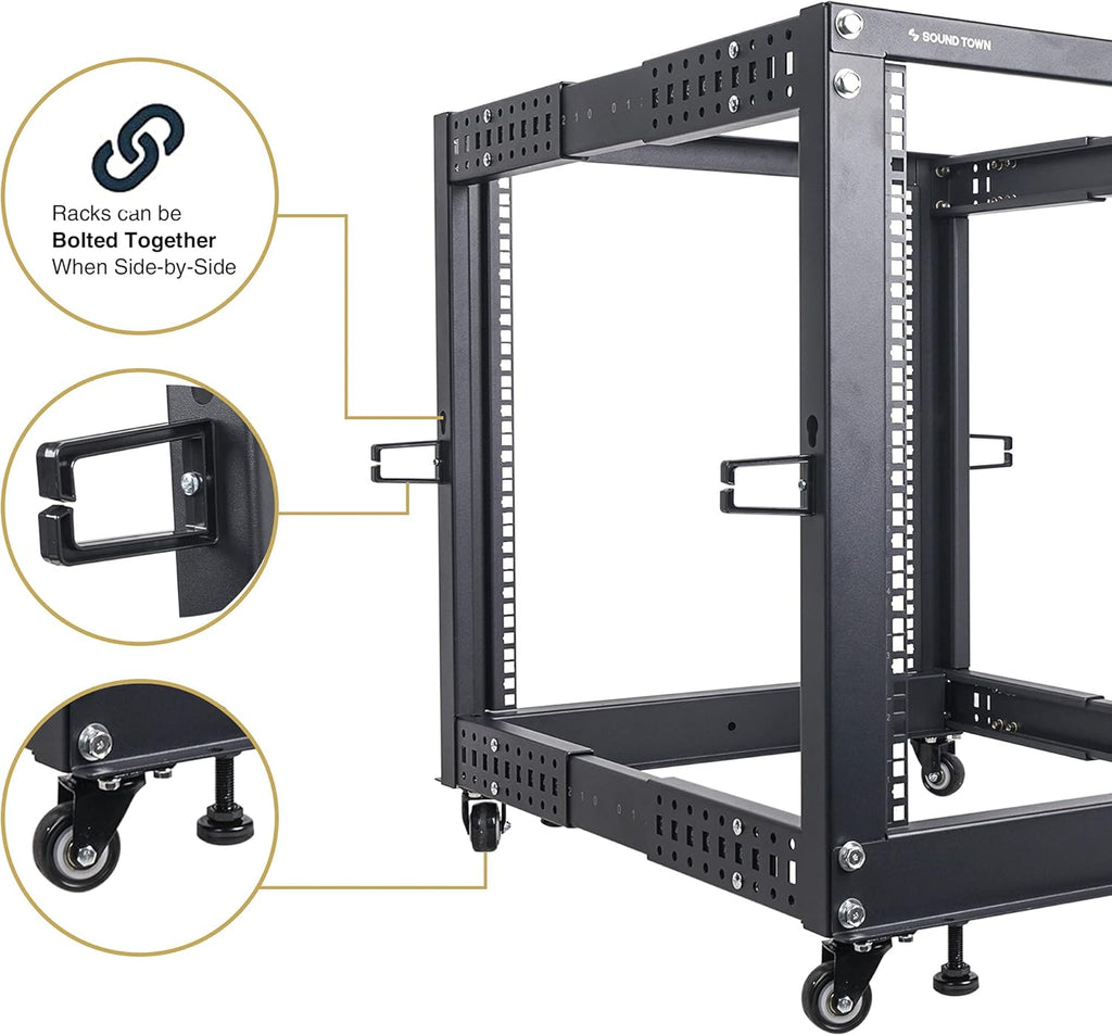 15U Open Frame Server and Network Equipment Rack with Adjustable Depth, Casters, Levelers, Cable Management D554