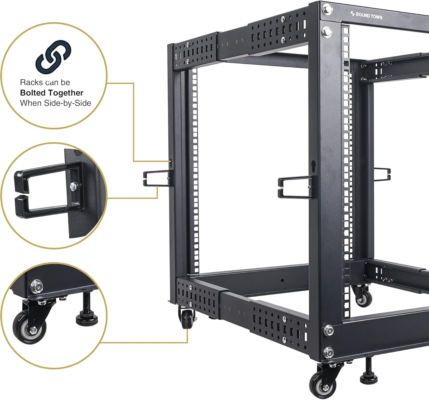 15U Open Frame Server and Network Equipment Rack with Adjustable Depth, Casters, Levelers, Cable Management D554