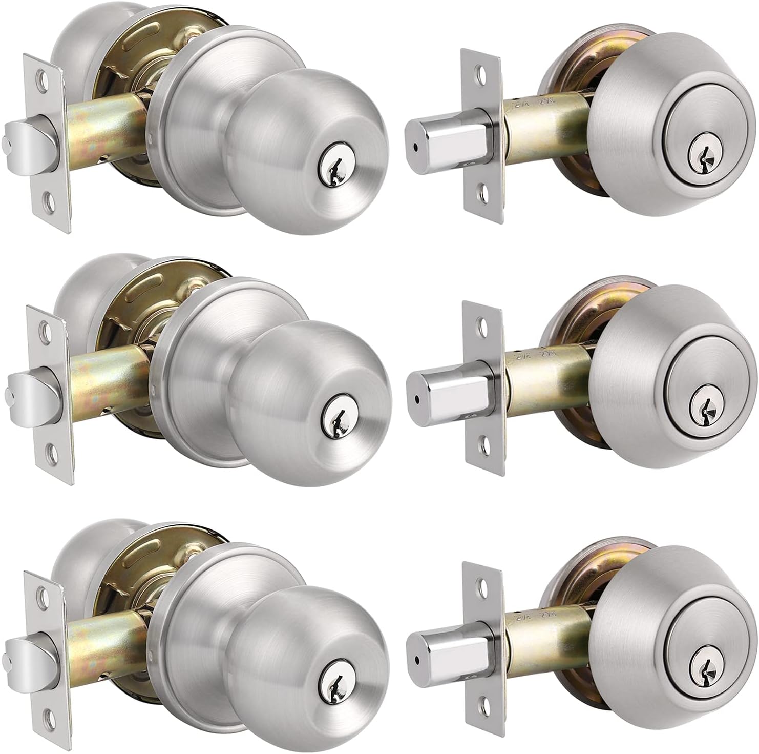 2 Pack Entry Door Knobs with Double Cylinder Deadbolt, Satin Nickel Finish Q258