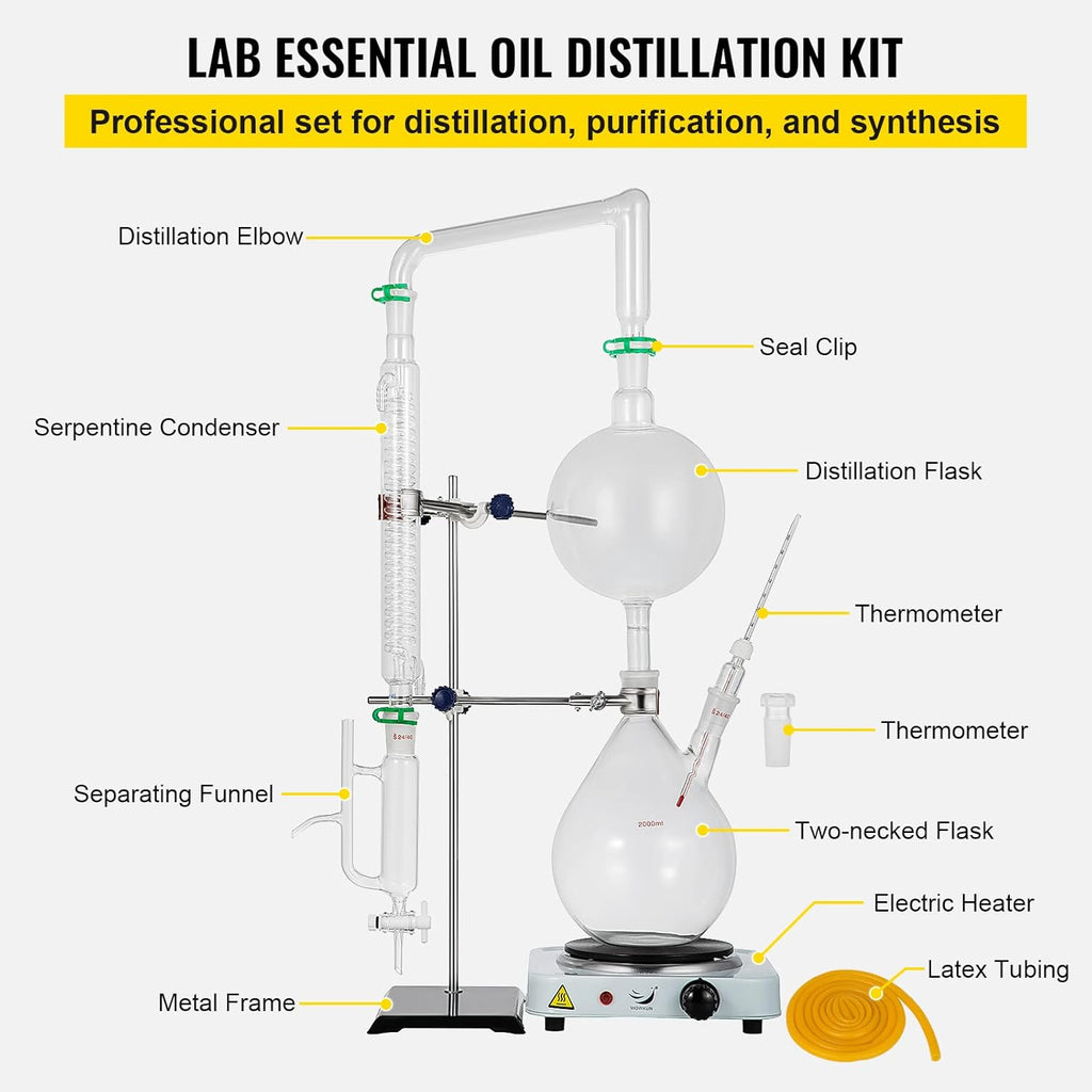 2L Essential Oil Distillation Apparatus Glassware Distillation Kit Water Distiller Purifier with Condenser I4949