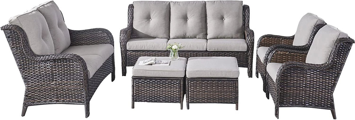 5 Piece Patio Rattan Sectional Sofa Set with 3-Seat Couch 2 Armchairs 2 Ottoman Footrests M429324
