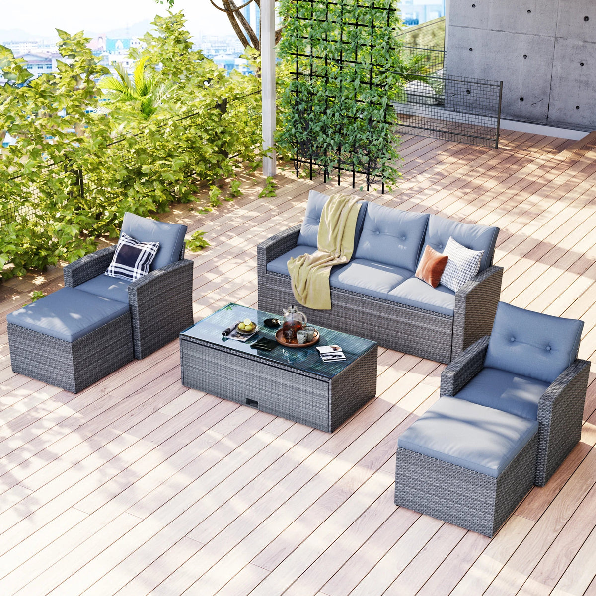 6Pcs All-Weather Wicker PE Rattan Patio Sectional Set with Coffee Table X4153