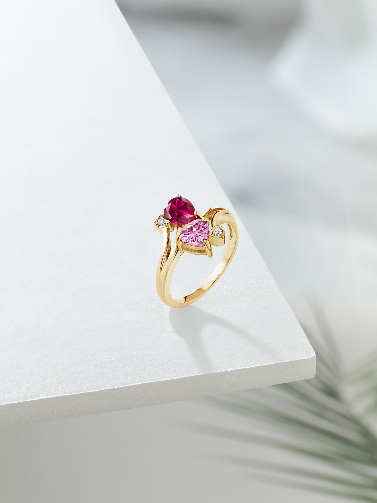 18K Yellow Gold Plated Silver Red Created Ruby Pink Moissanite White Diamond Ring V690867