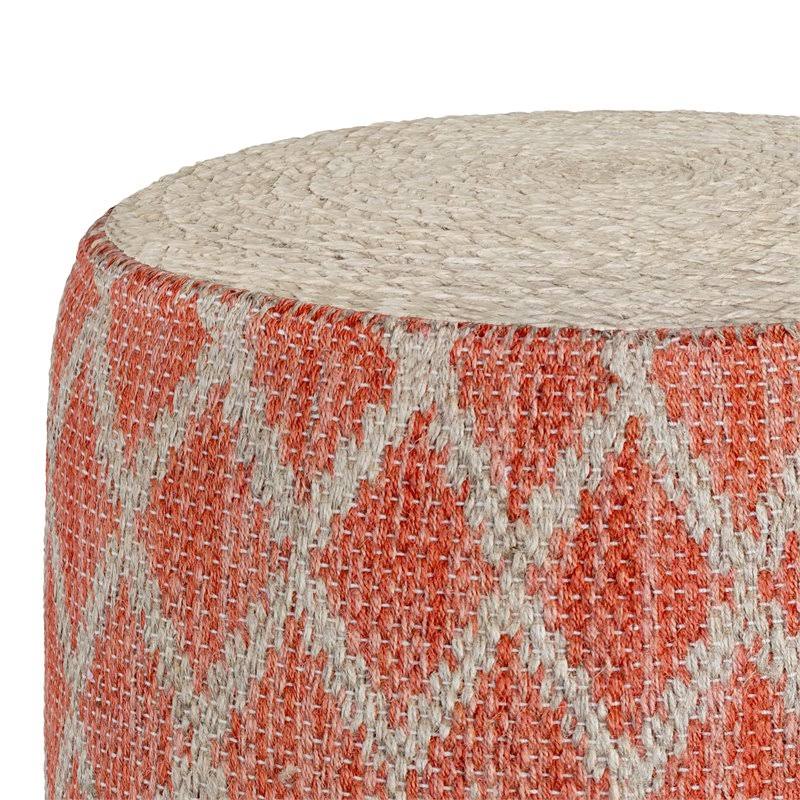 Coral and Natural Woven Braided Jute Round Pouf U584