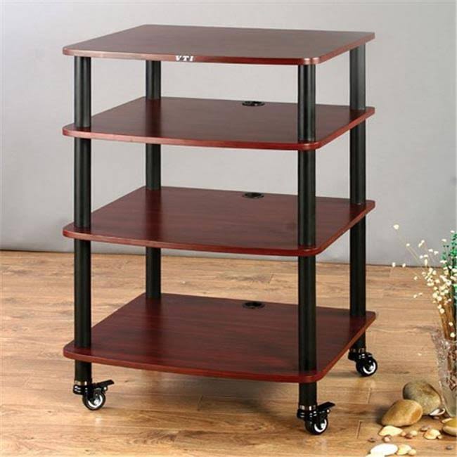 4 Black Poles 4 Cherry Shelves AV Stand with Caster B86063
