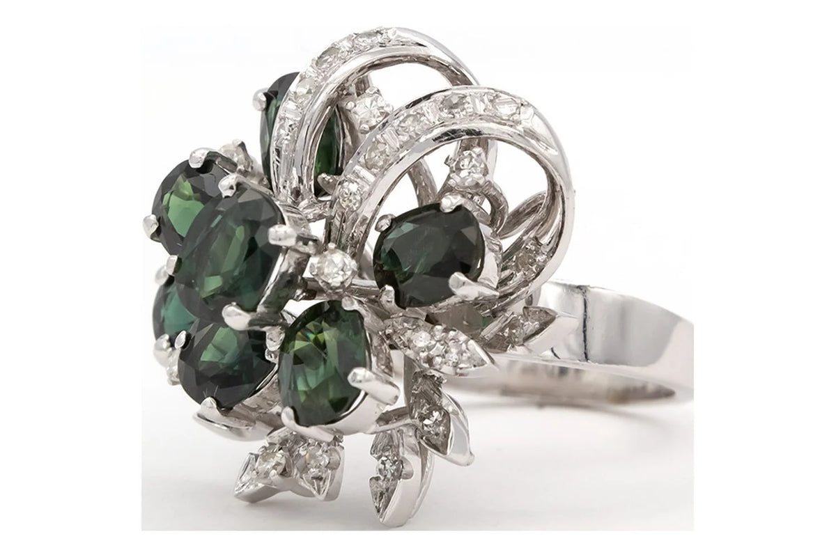 18k White Gold Sapphire Diamond Cluster Ring I226