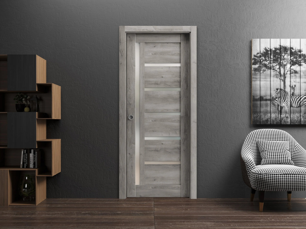 Sliding French Pocket Door 24 x 84 inches with Frosted Glass Solid Wood Interior Door E2494