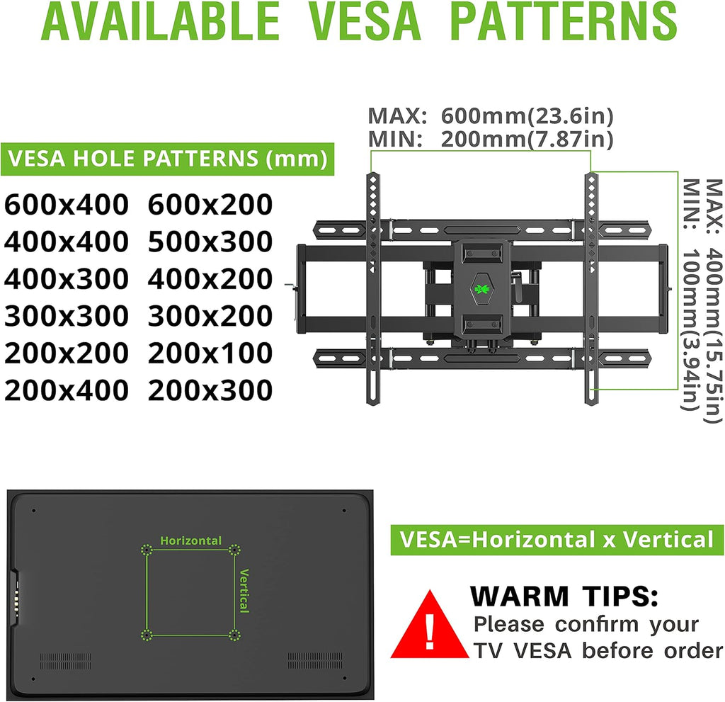 Full Motion TV Wall Mount Bracket with Dual Articulating Arms, Max VESA 600x400mm, Weight Capacity 110lbs, Pack of 2 Q182