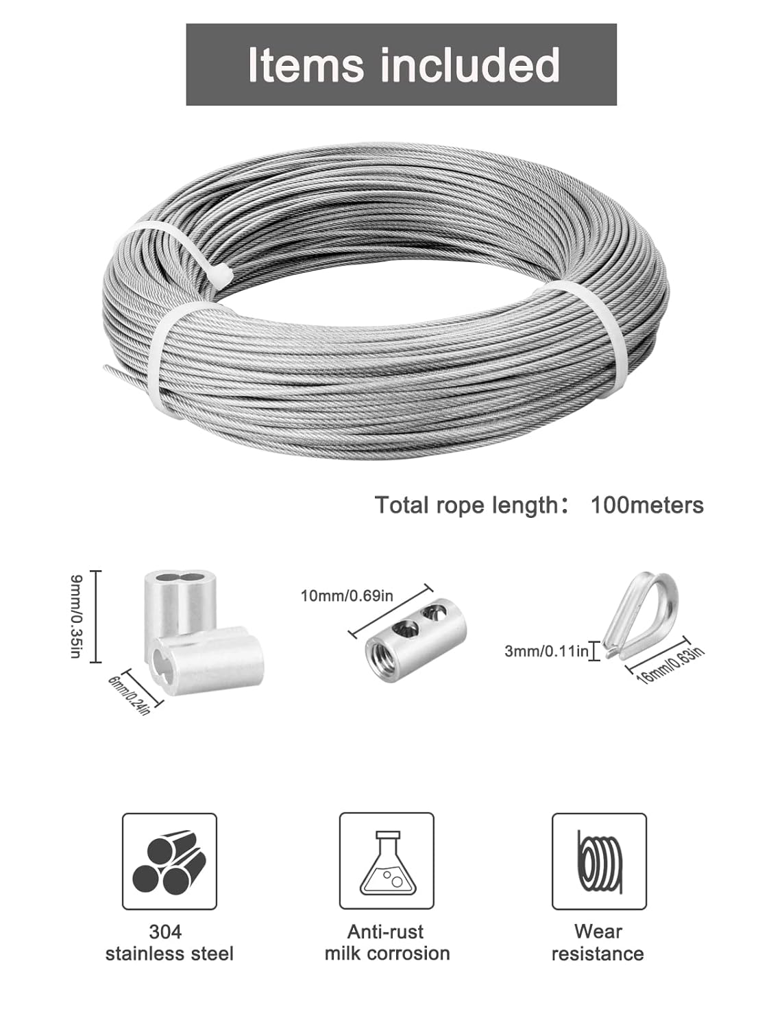 5/64 Coated Stainless Steel Wire Rope 328ft with Thimbles, Crimping Sleeves, Wire Rope Clips S97274