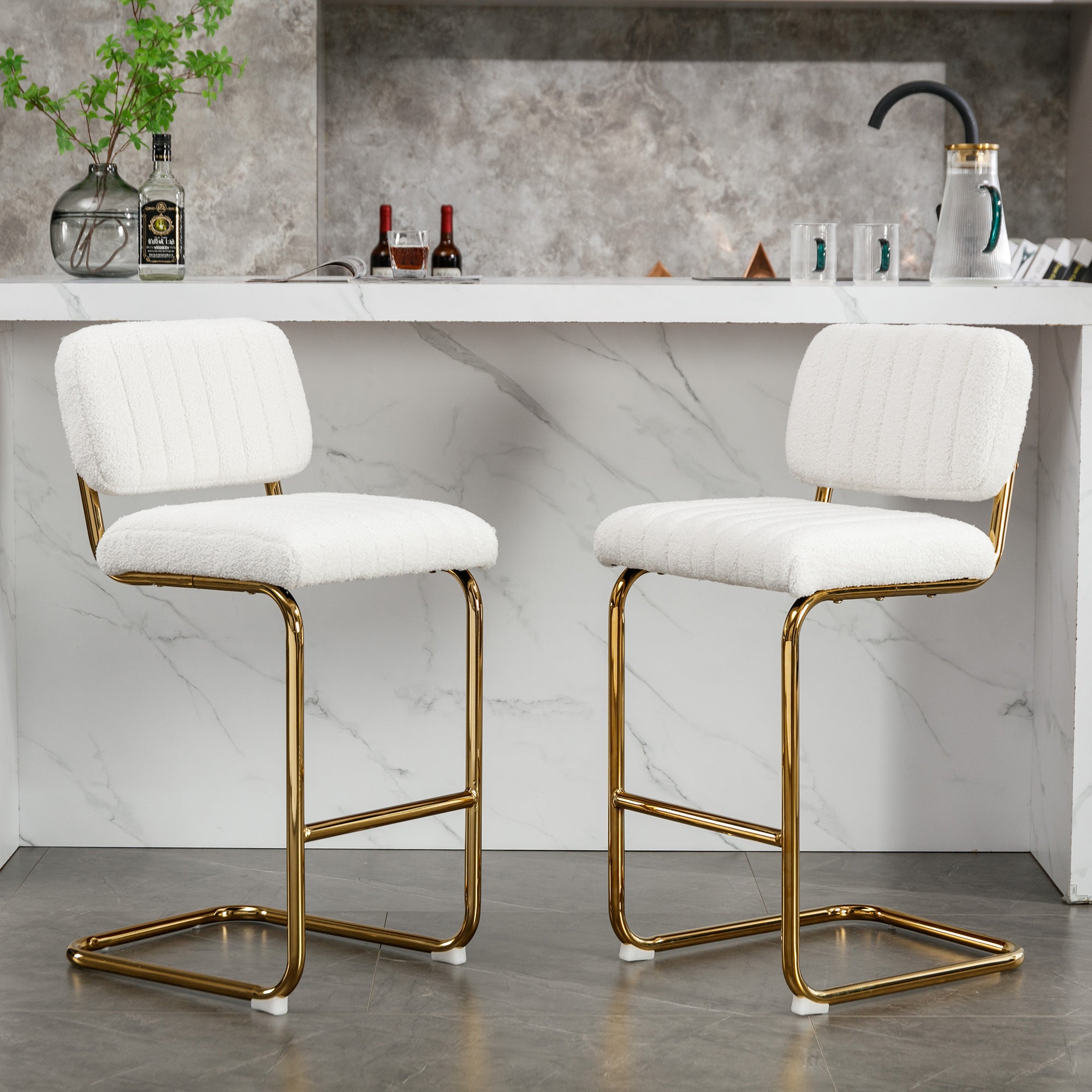 Ivory Boucle Fabric Counter Height Bar Stools Set of 2 B4327