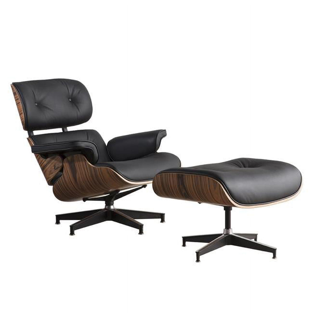 Black Tufted Leather Swivel Lounge Chair with Ottoman P505