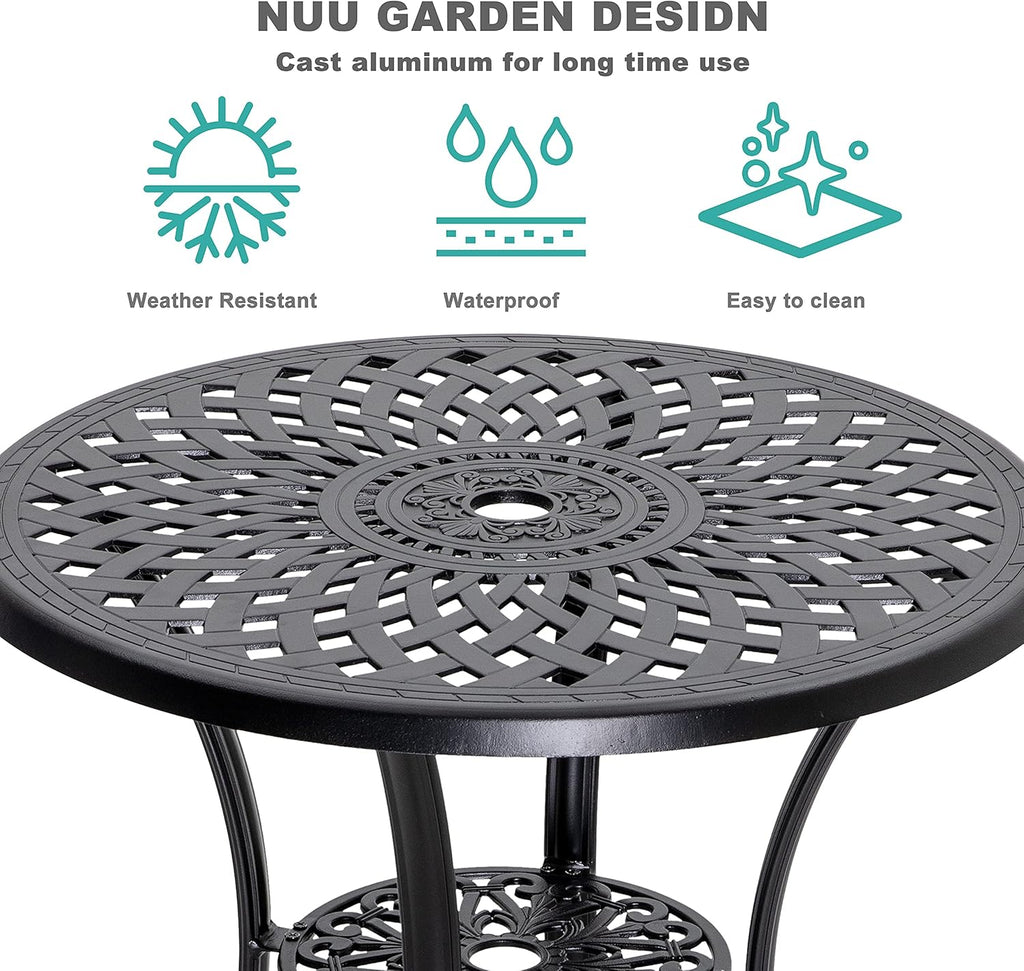 Black 42 Inch Round Cast Aluminum Patio Dining Table with Umbrella Hole L857