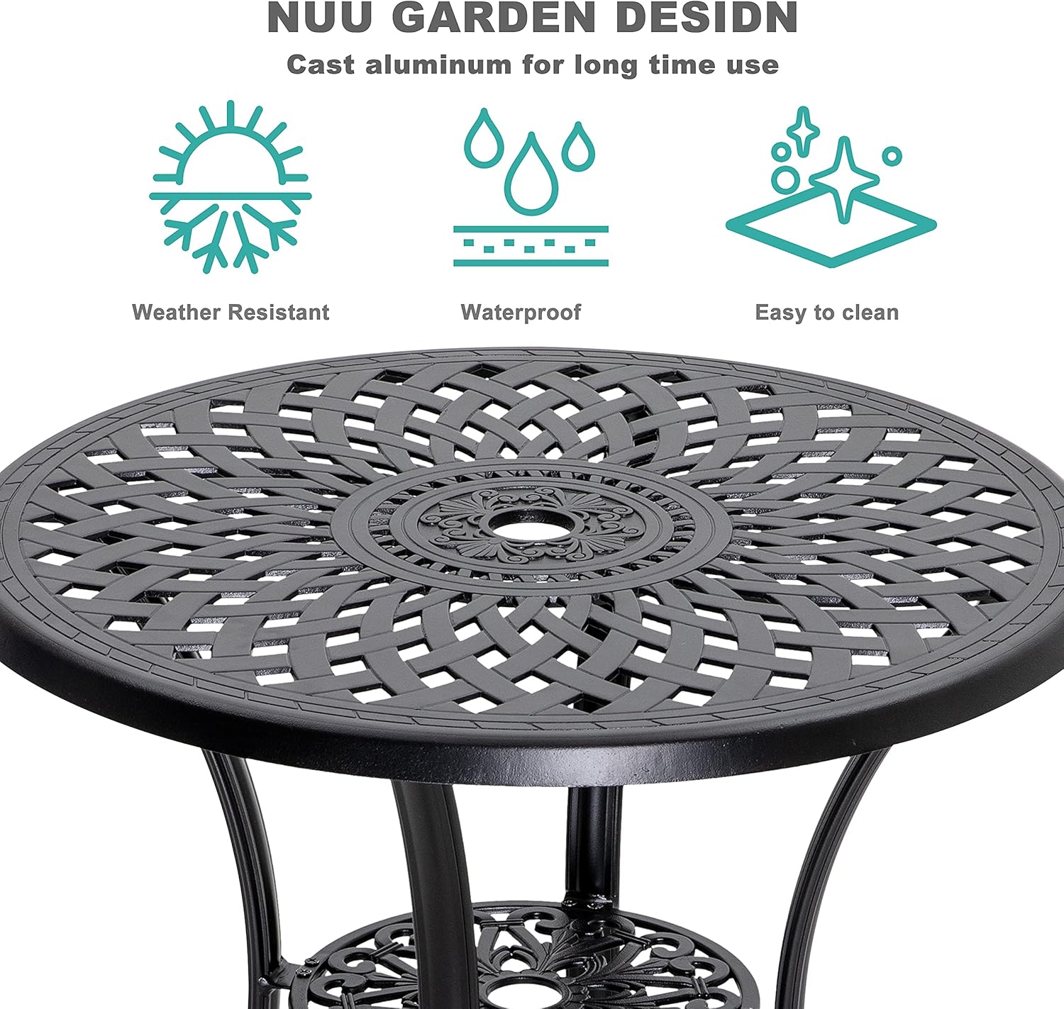 Black 42 Inch Round Cast Aluminum Patio Dining Table with Umbrella Hole L857