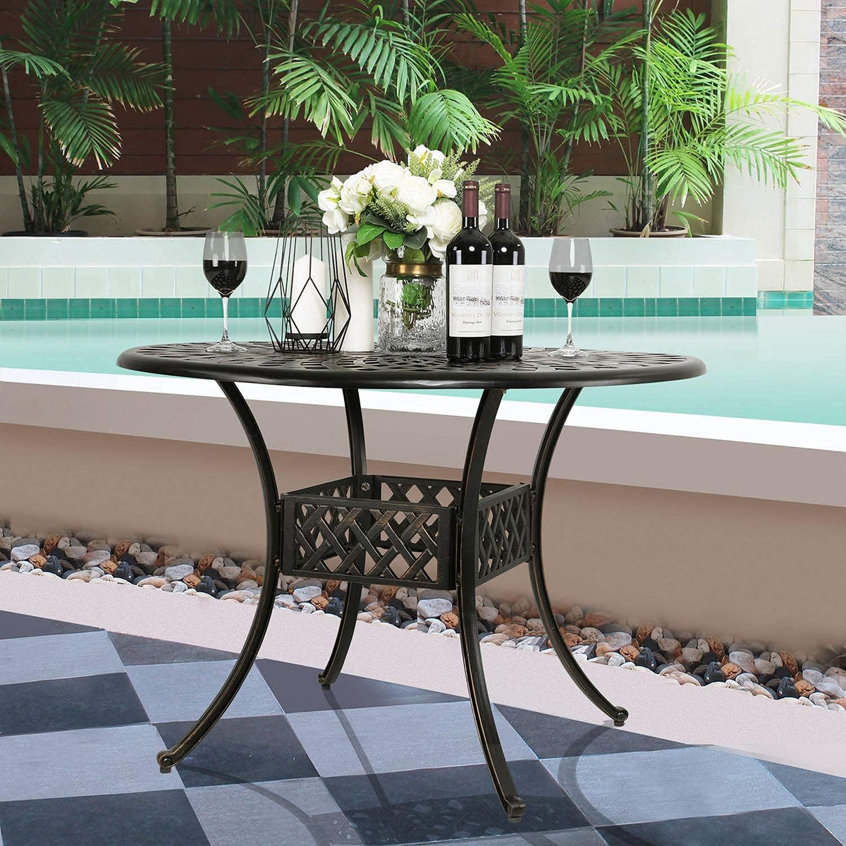 Black 42 Inch Round Cast Aluminum Patio Dining Table with Umbrella Hole L857