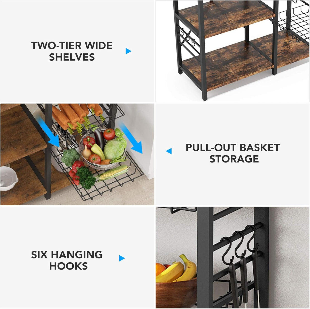 Kitchen Cart Microwave Oven Stand Utility Storage Shelf with Wire Basket and 6 Hooks Q681076