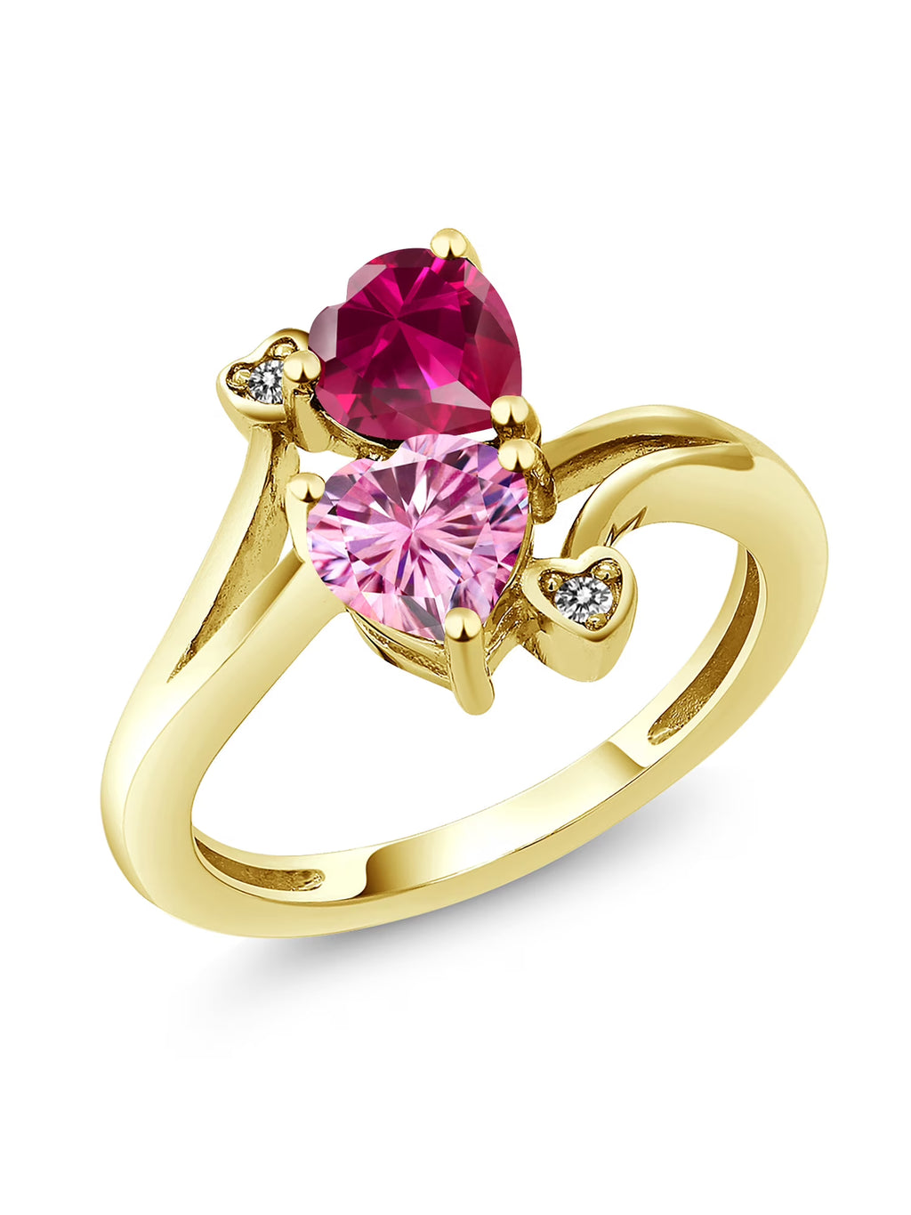 18K Yellow Gold Plated Silver Red Created Ruby Pink Moissanite White Diamond Ring V690867