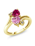 18K Yellow Gold Plated Silver Red Created Ruby Pink Moissanite White Diamond Ring V690867
