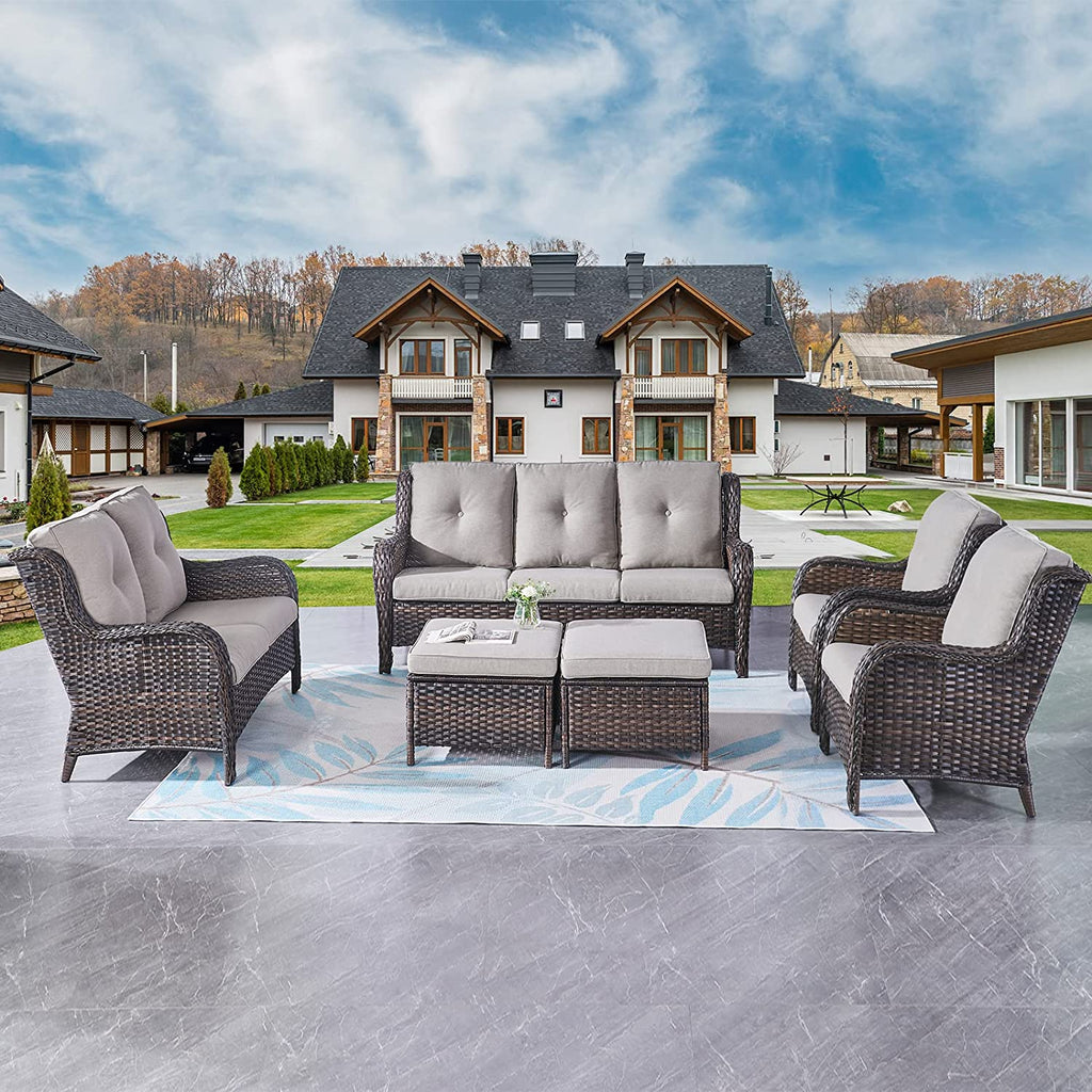 5 Piece Patio Rattan Sectional Sofa Set with 3-Seat Couch 2 Armchairs 2 Ottoman Footrests M429324