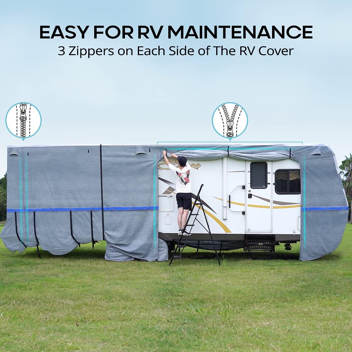 RV Cover, 6-ply Camper Cover, Fits 23-26Ft Motorhome, Breathable Waterproof Rip-Stop Anti-UV with 2 Windproof Straps, 4 Tire Covers Z715278