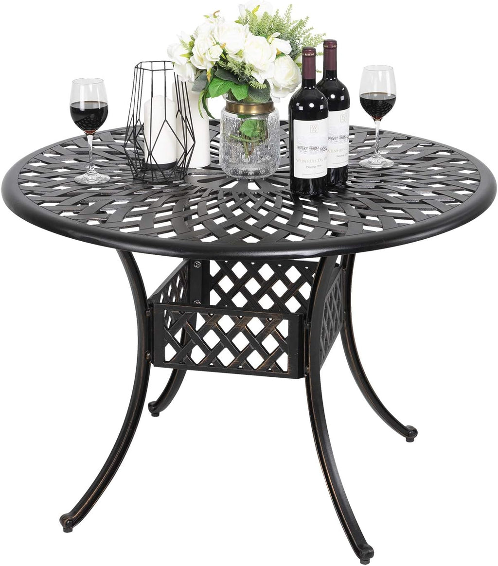 Black 42 Inch Round Cast Aluminum Patio Dining Table with Umbrella Hole L857