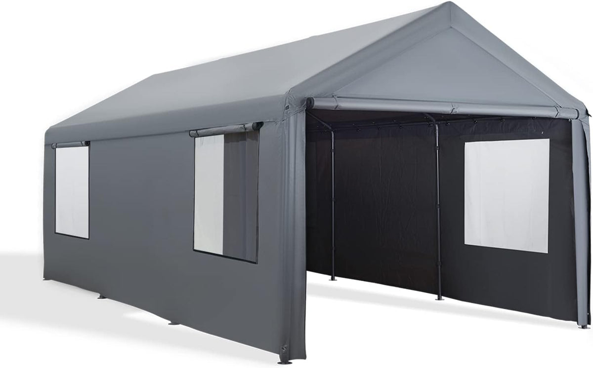 12'x20' Heavy Duty Carport with Roll-up Ventilated Windows, Removable Sidewalls & Doors, Gray P214806