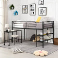 Twin Size Metal Low Loft Bed with Shelves and Built-In-Desk, Black A67583