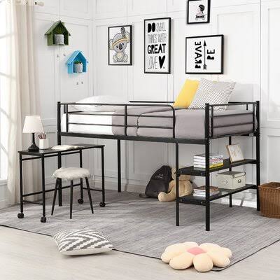 Twin Size Metal Low Loft Bed with Shelves and Built-In-Desk, Black A67583