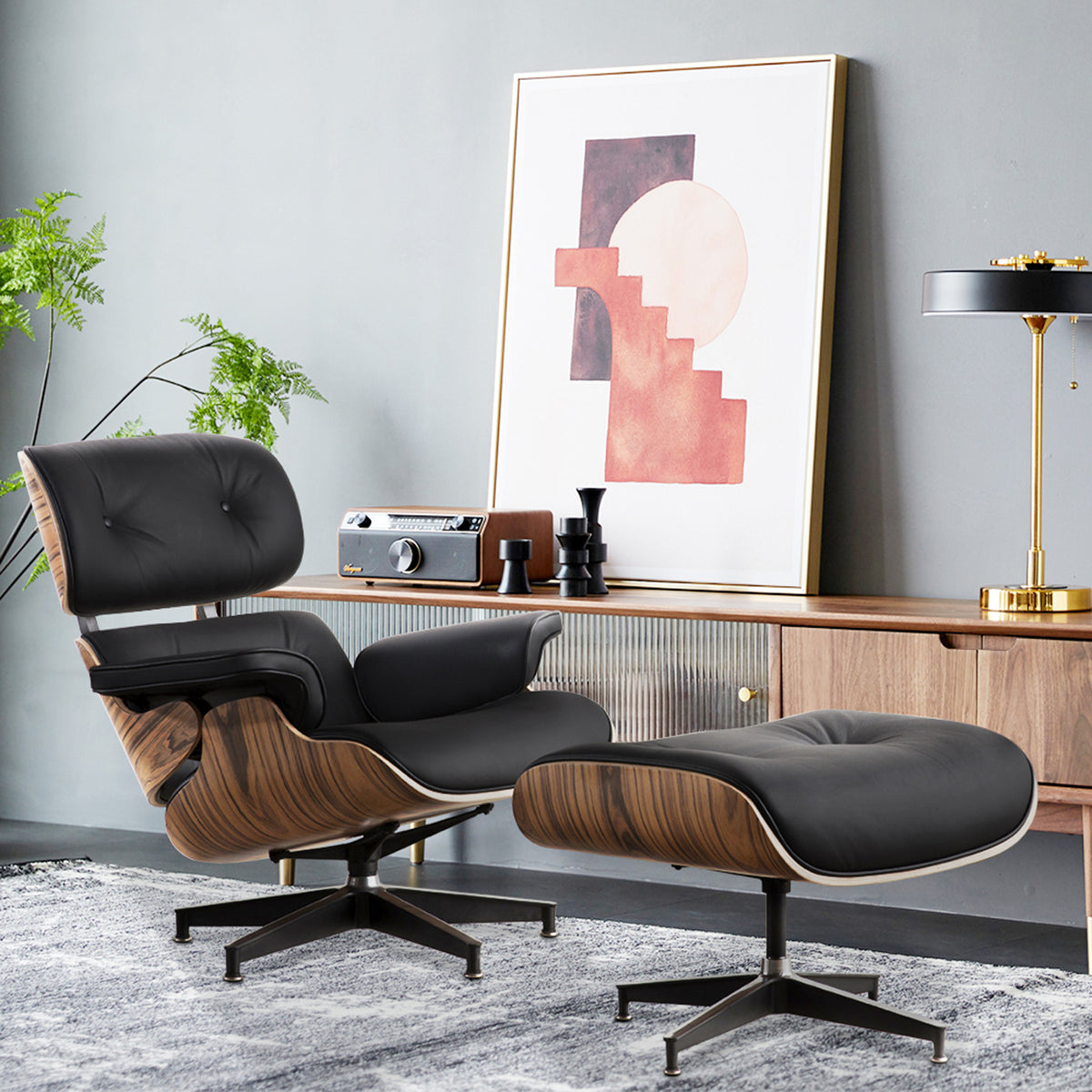 Black Tufted Leather Swivel Lounge Chair with Ottoman P505