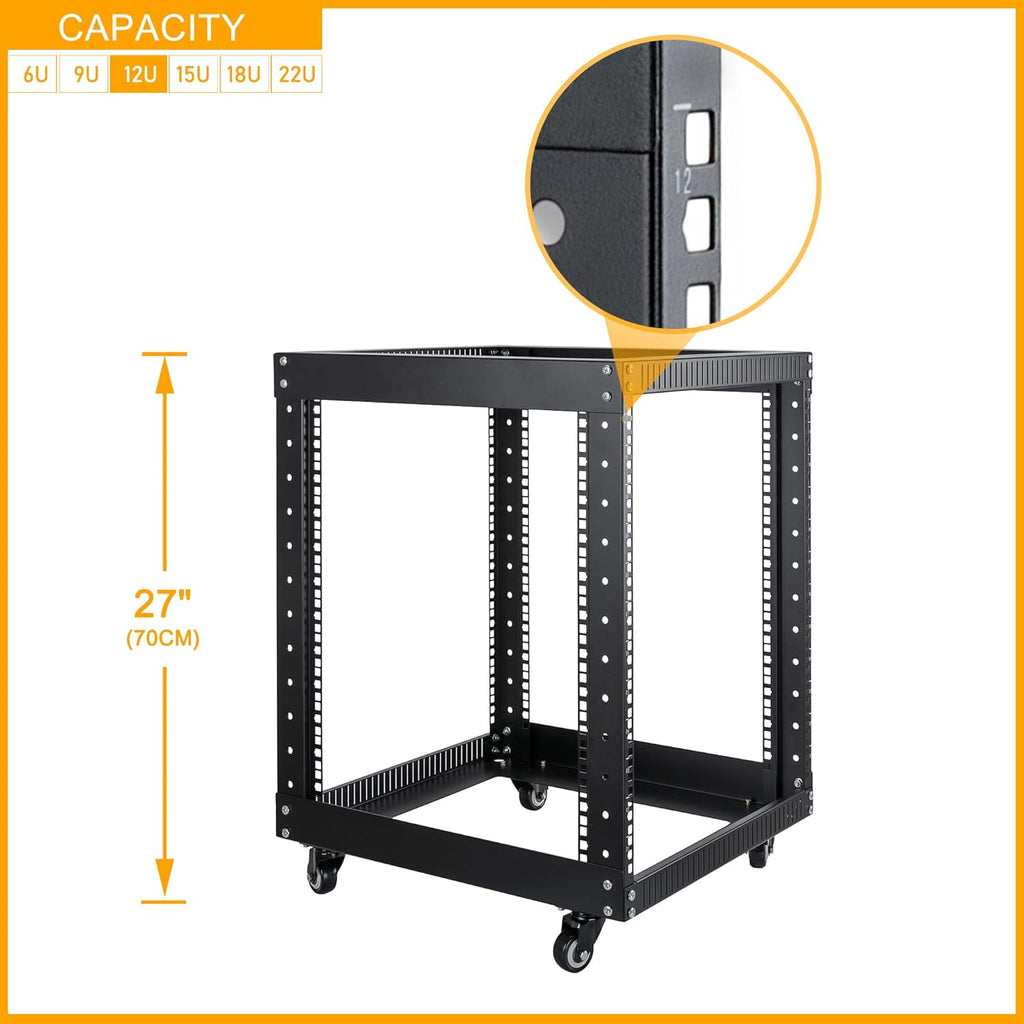 12U Open Frame Server Rack with Casters Black P747869