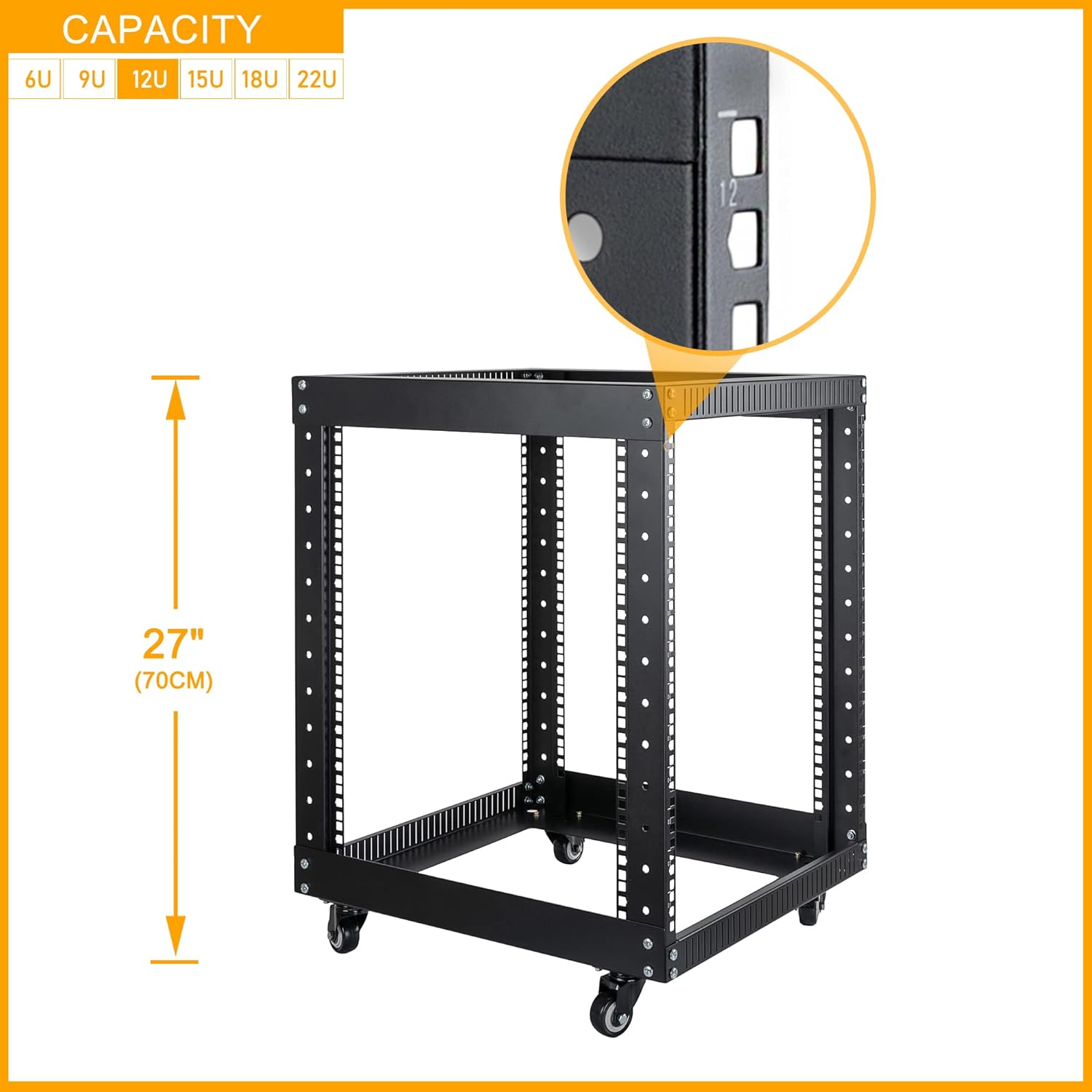 12U Open Frame Server Rack with Casters Black P747869
