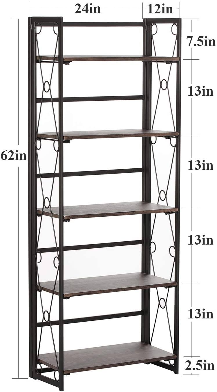 5 Shelf Folding Bookshelf with Metal Frame, Brown N35276