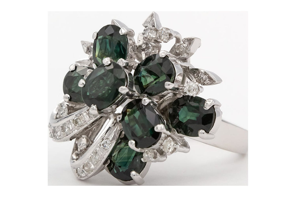 18k White Gold Sapphire Diamond Cluster Ring I226