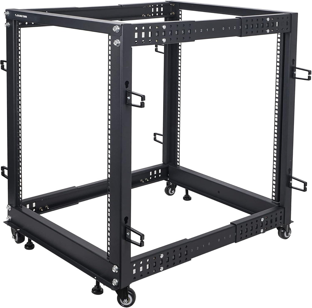 15U Open Frame Server and Network Equipment Rack with Adjustable Depth, Casters, Levelers, Cable Management D554