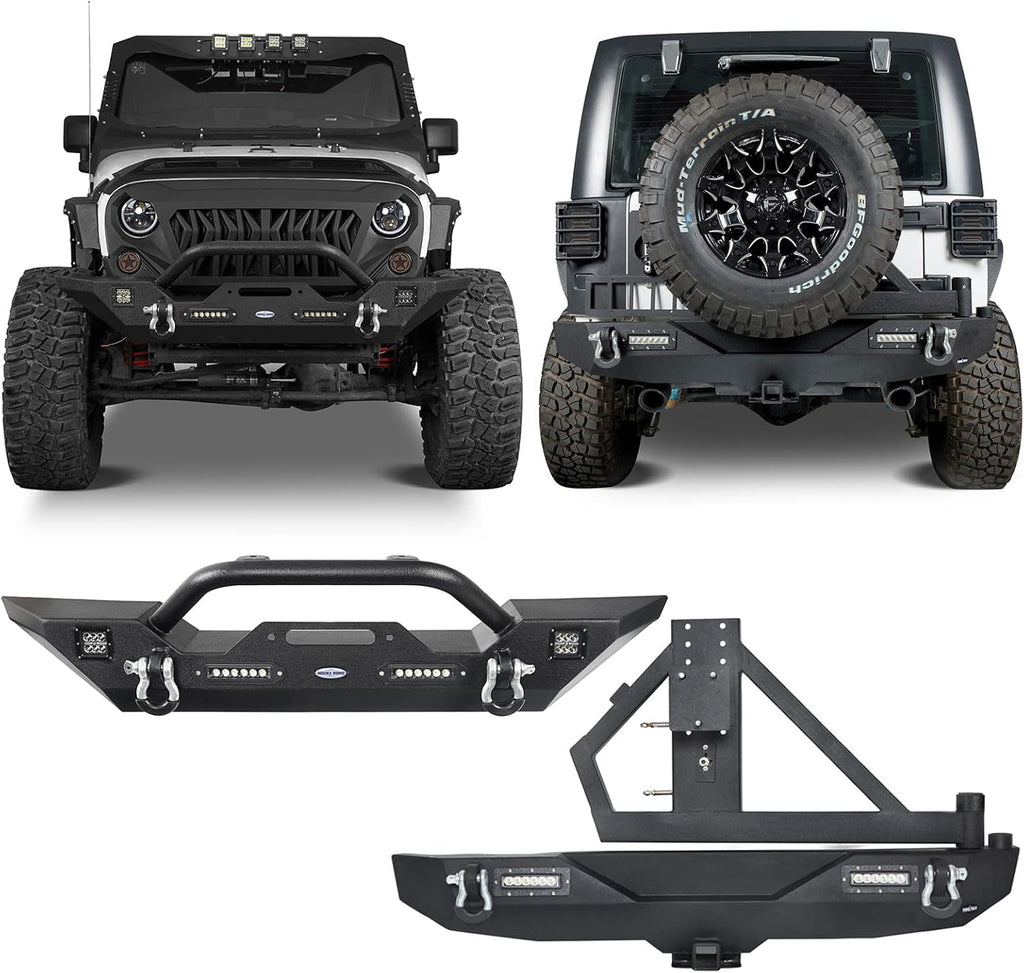 Front & Rear Bumpers Combo with Winch Plate & Spare Tire Carrier & LED Lights & D Rings Q6792