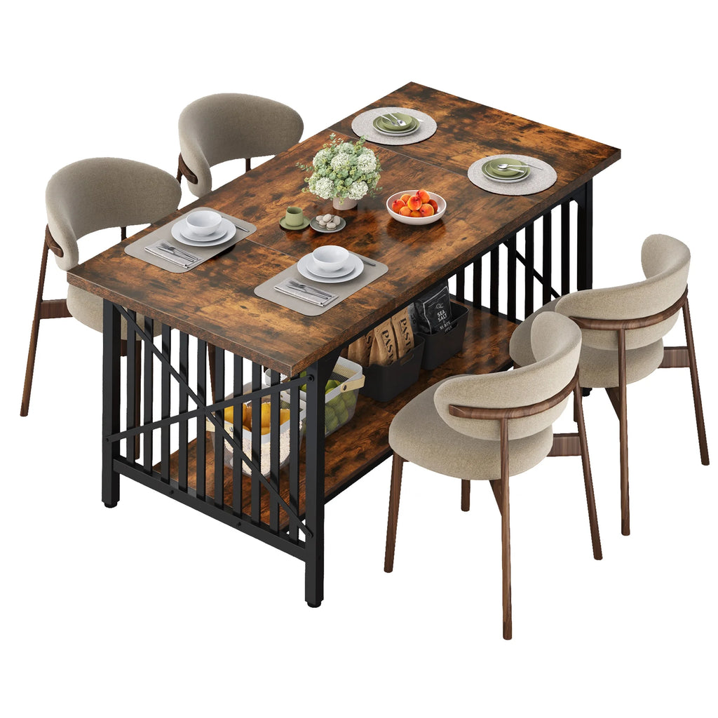 Rustic Brown Industrial Rectangular Wood Dining Table with Storage B2326