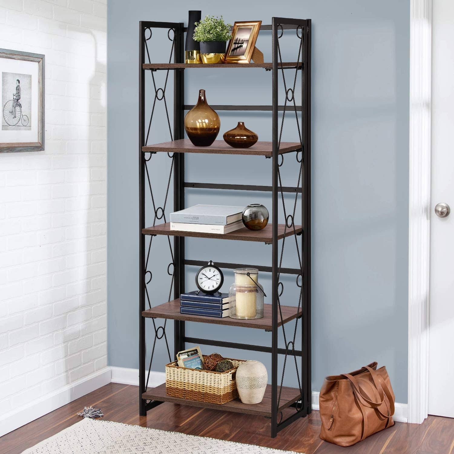 5 Shelf Folding Bookshelf with Metal Frame, Brown N35276