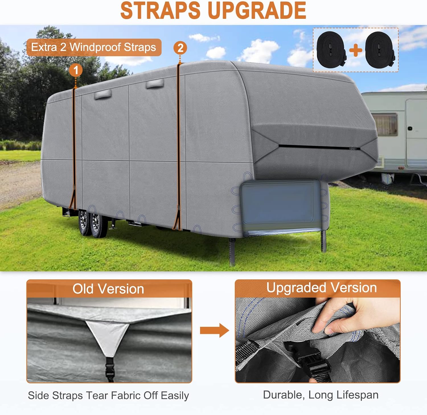 5th Wheel RV Cover with 4 Gutter Spout Covers and 2 Windproof Straps B1755