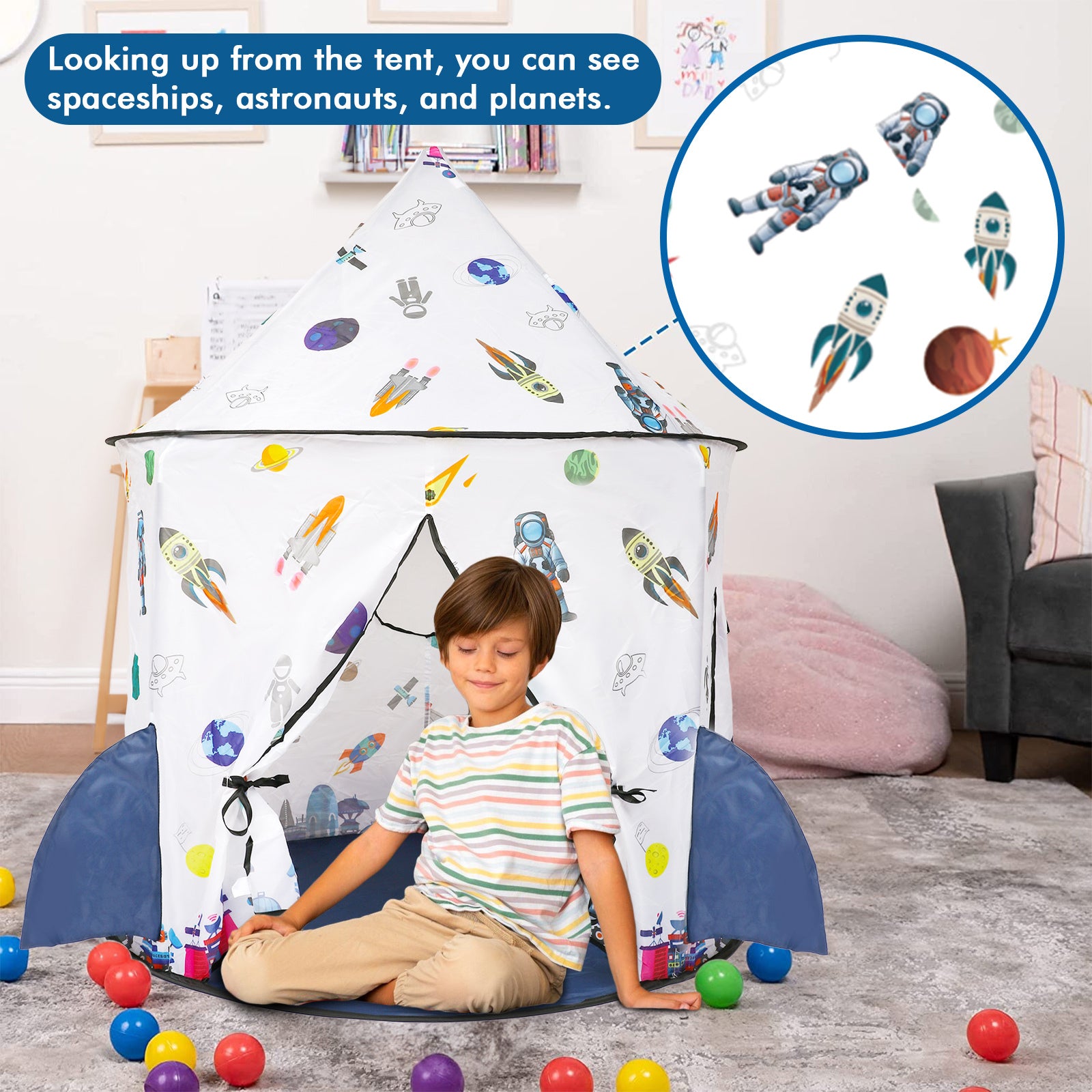 Kids Tent Rocket Ship Toy Foldable Space Themed Indoor Outdoor Large Play Tent A3708