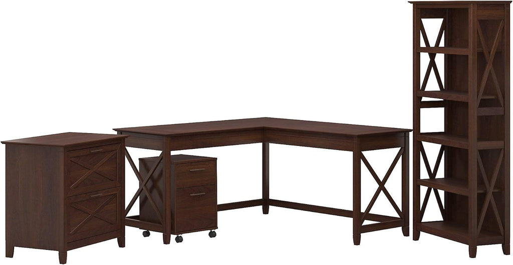 60W L Shaped Desk with File Cabinets and 5 Shelf Bookcase X83078