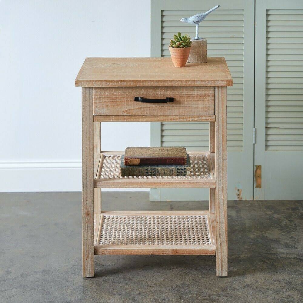 Two-Tiered Wood and Cane Side Table U9554
