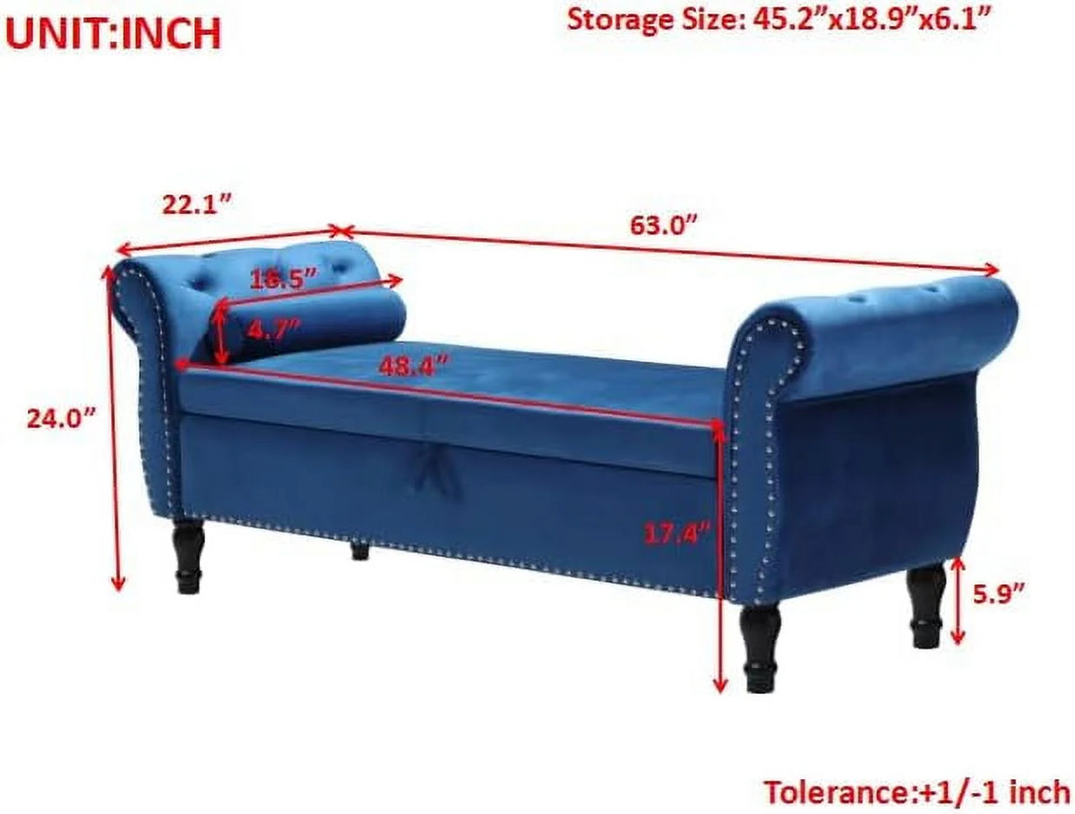 Blue Velvet Storage Bench Ottoman with Solid Wood Legs Z936627