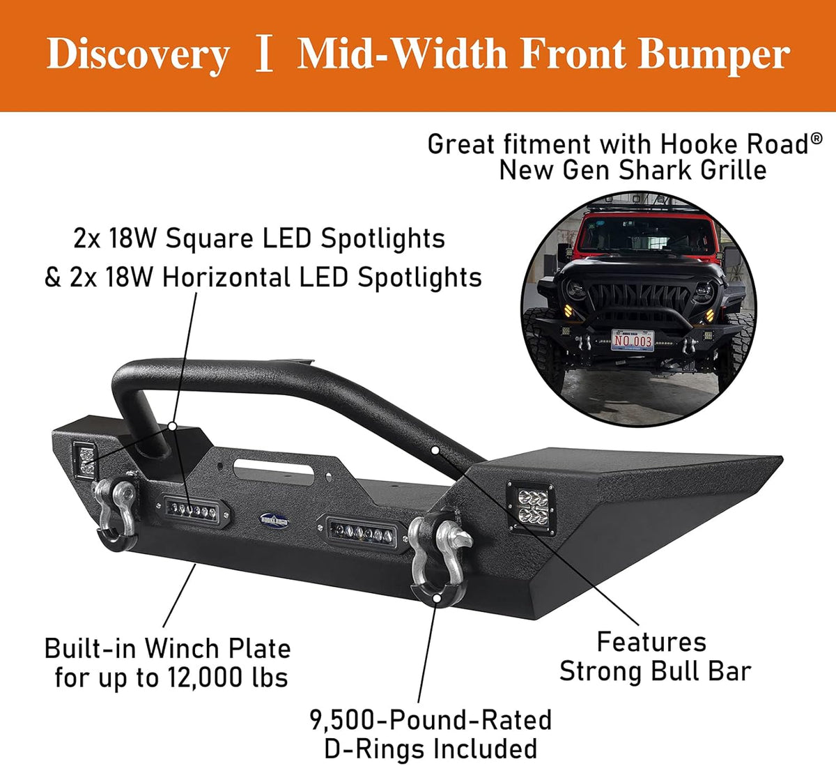 Front & Rear Bumpers Combo with Winch Plate & Spare Tire Carrier & LED Lights & D Rings Q6792