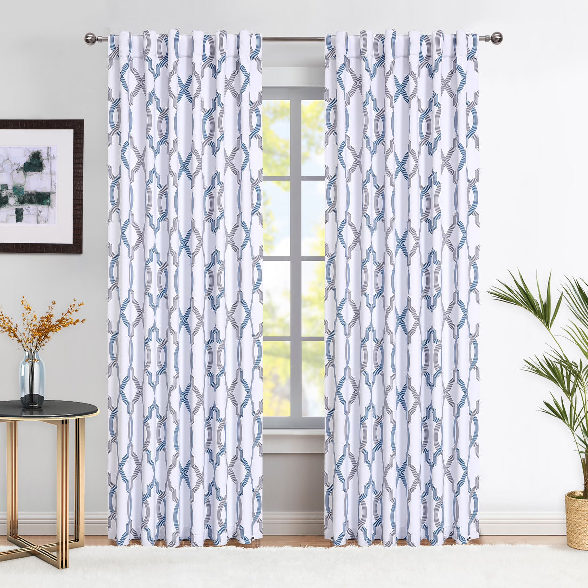Blue White Geometric Blackout Curtain Panel, Back Tab, 52"x 84"x 2 P8931