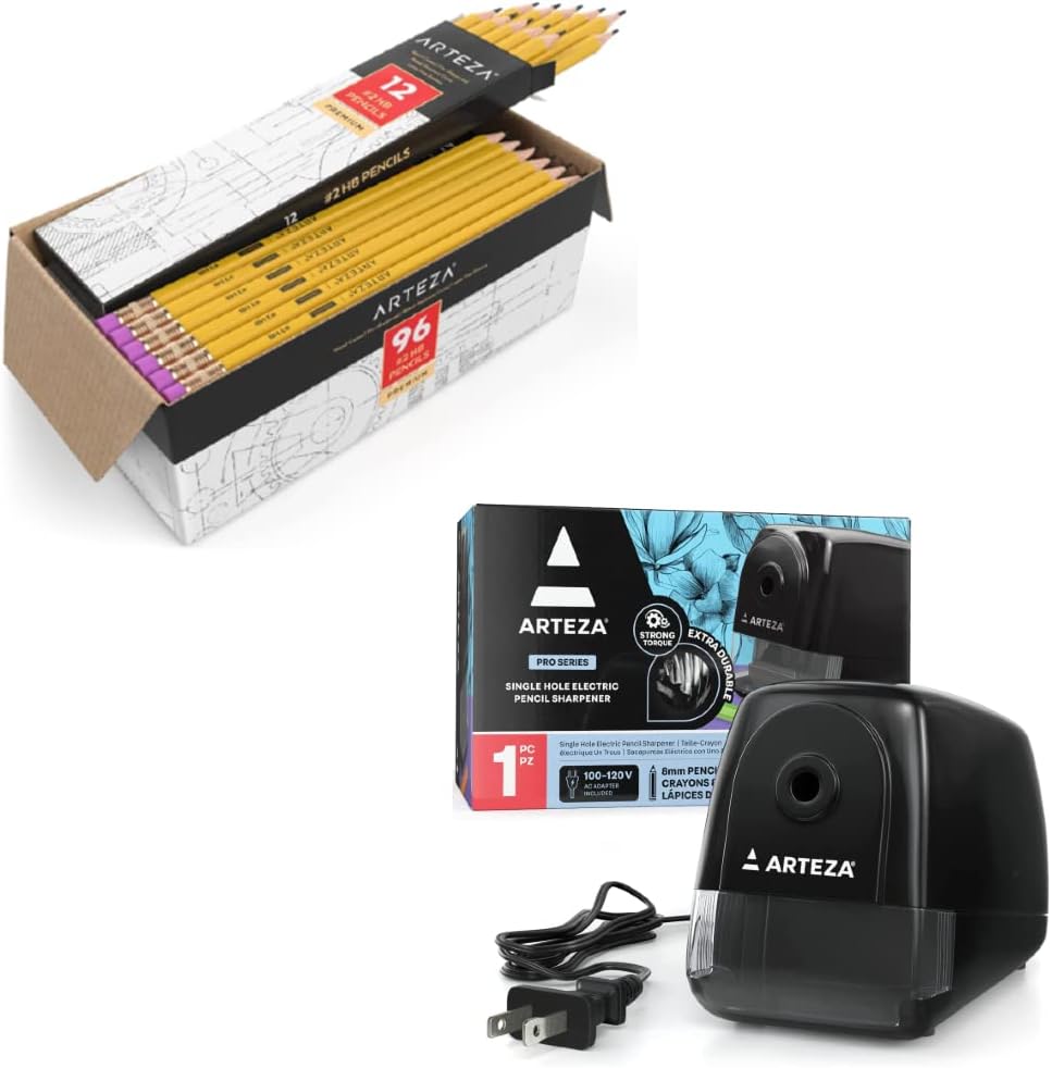 HB #2 School Pencils, Pack of 96, Black, Electric Pencil Sharpener, Pack of 2 A6368