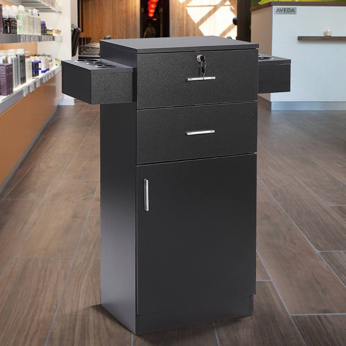 Black Locking Salon Storage Cabinet Stylist Station with Hair Dryer Holder Drawer O706