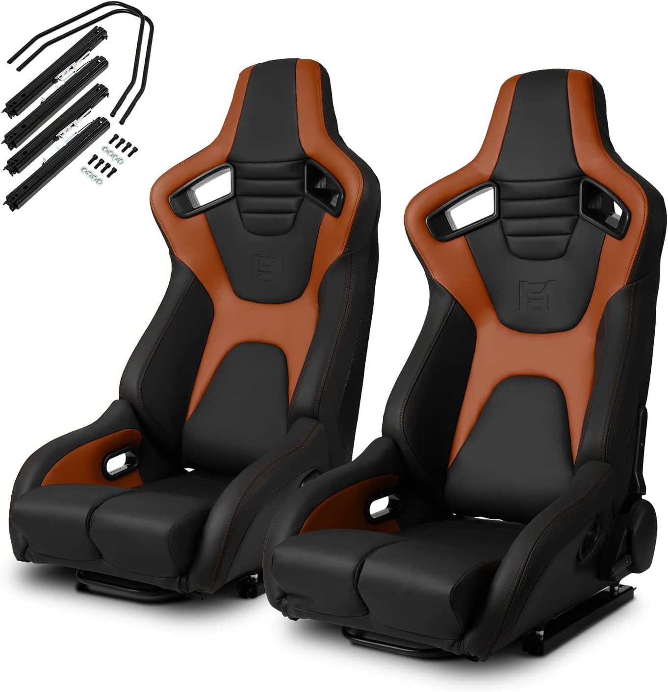 Black Brown PVC Carbon Fiber Leather Reclinable Racing Seats Pair N8340