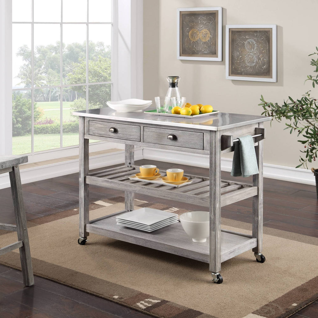 Storm Gray Wire-Brush Kitchen Cart with Stainless Steel Top A648343