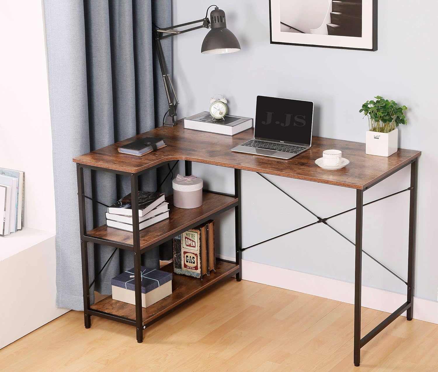 Rustic Brown L-Shaped Corner Computer Desk with Bookcase I487
